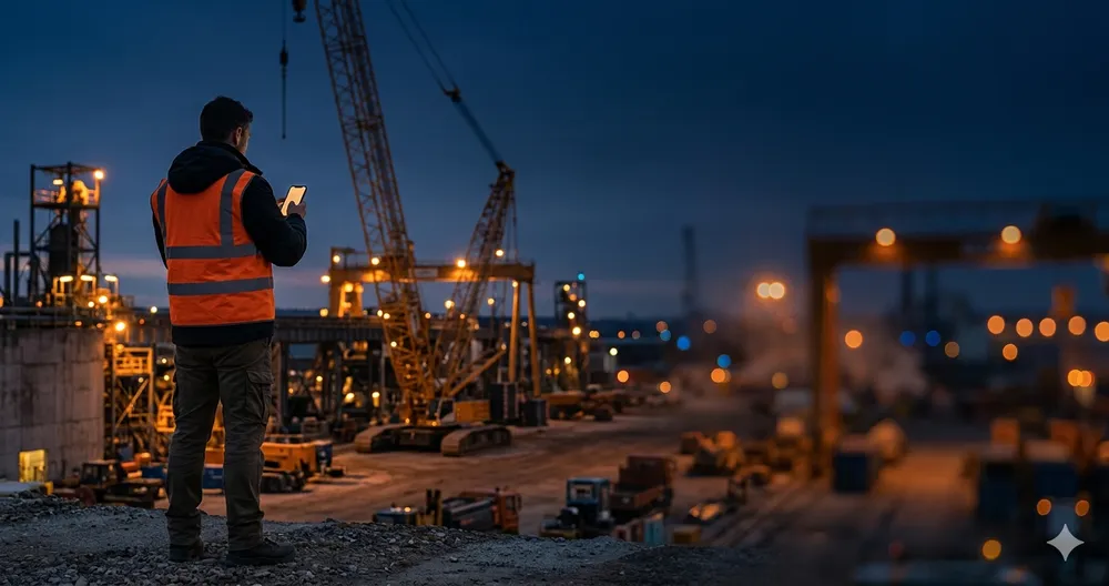 A worker in a hi-vis vest holding a glowing phone on an industrial site at dusk