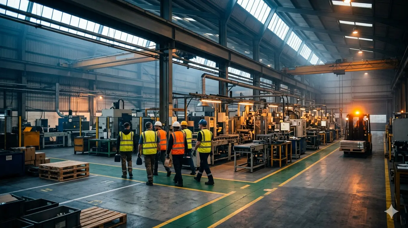 Workers in hi-vis walking a marked pedestrian walkway through a manufacturing floor